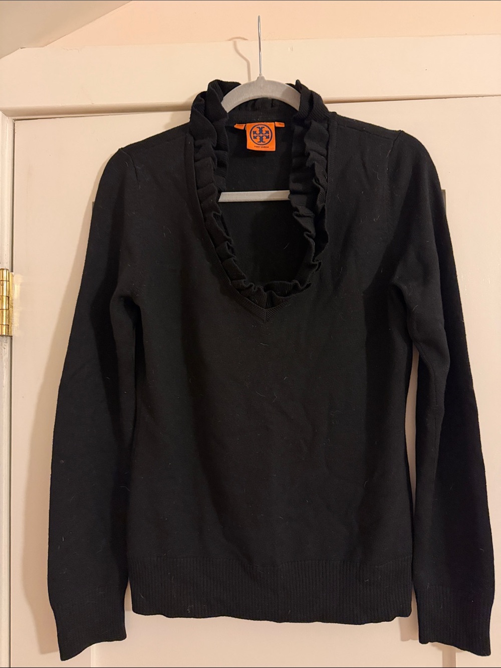 Tory Burch Black Ruffle Merino Wool V-Neck Sweater